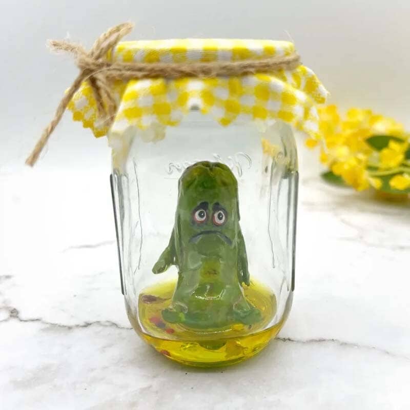 Grumpy Pickle in a Jar sculpture