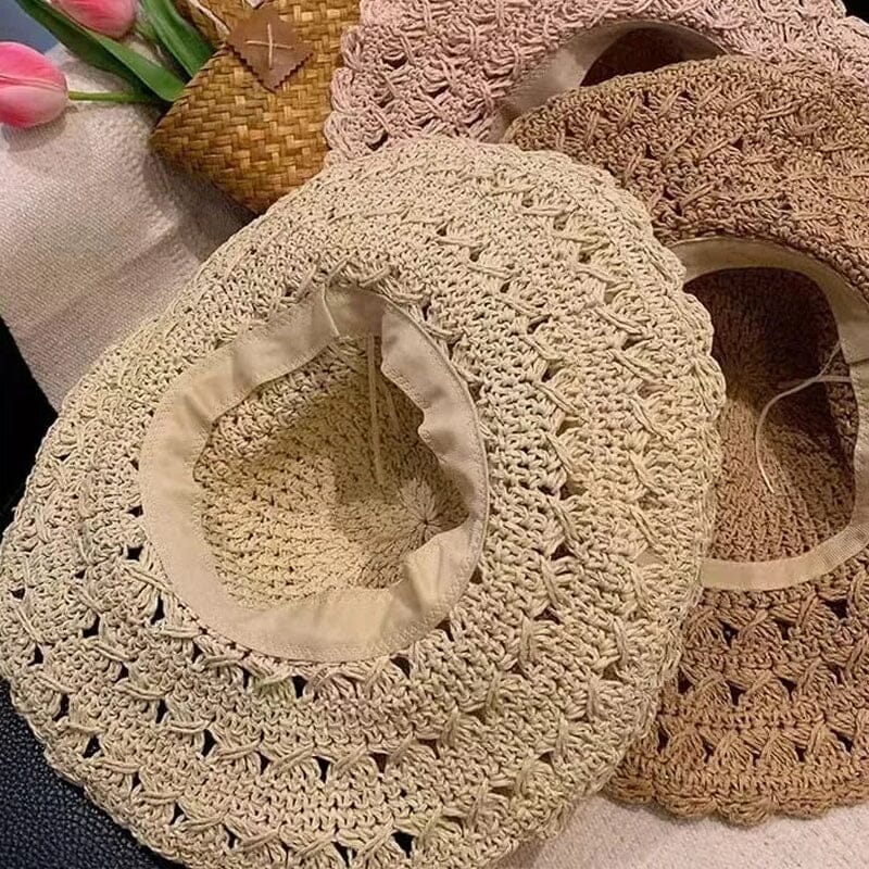 Elegant Crochet Straw Hat with Ruffle Detail