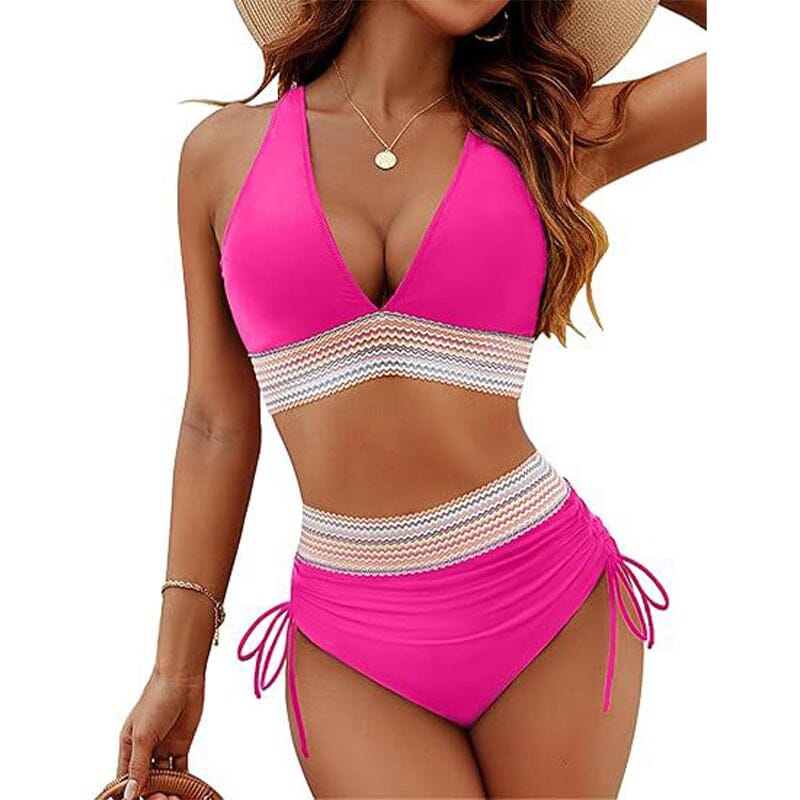 2024 High Waisted Tummy Control Color Block Bikini Sets