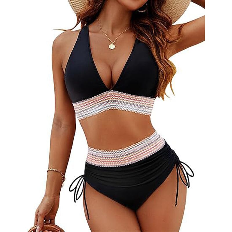 2024 High Waisted Tummy Control Color Block Bikini Sets