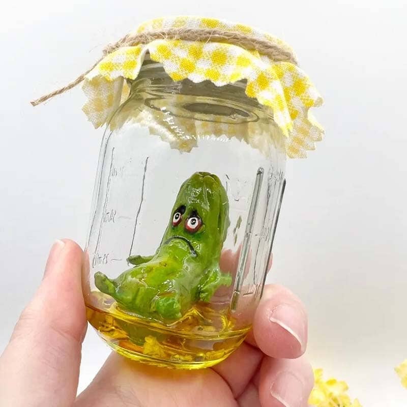 Grumpy Pickle in a Jar sculpture